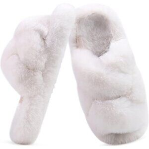 Women's White Open Toe Slide Faux Fur Fuzzy Fluff Brown Slippers Shoes